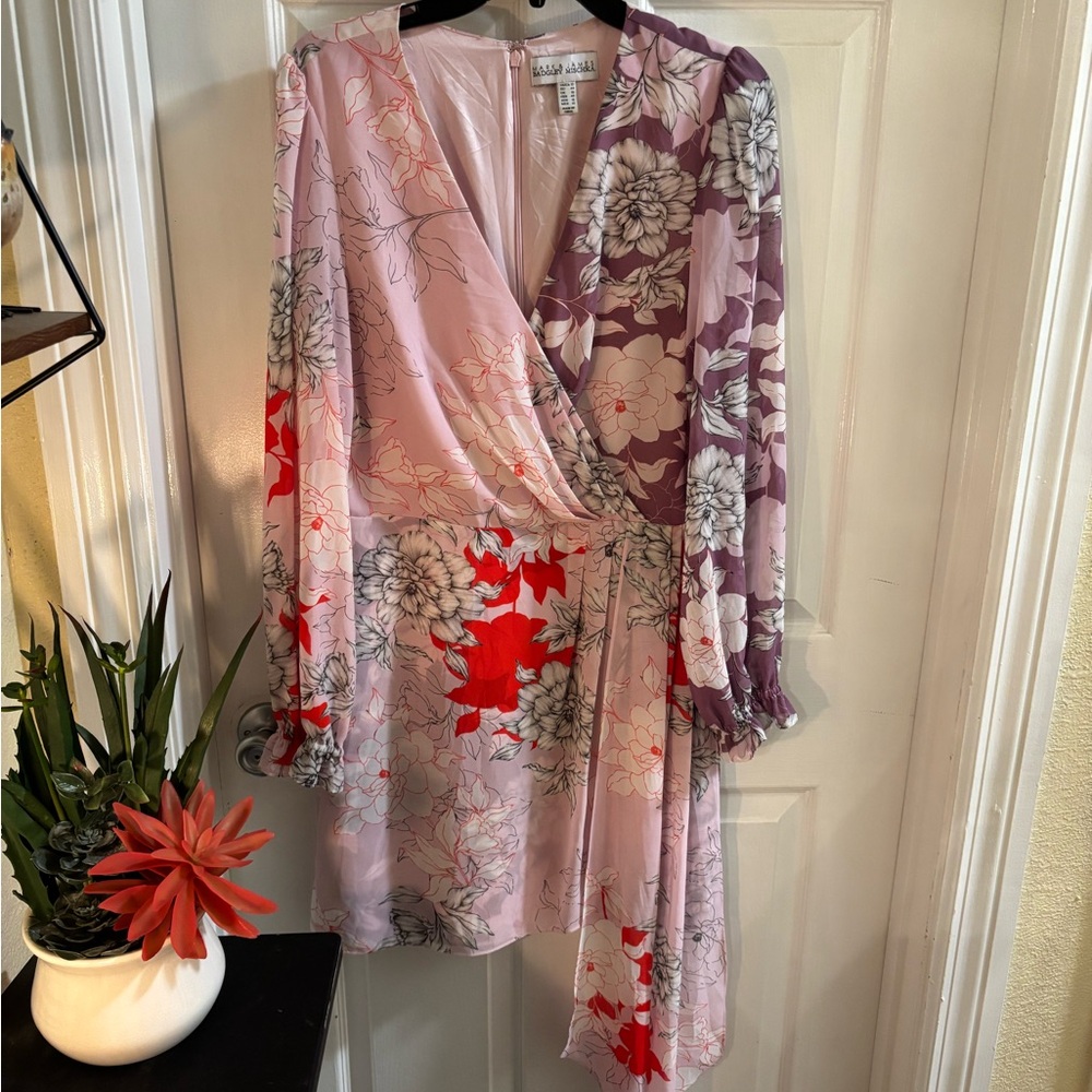 Badgley Mischka Pink, Purple, Red and White Floral Dress w/ Pleated Front, Sz 12